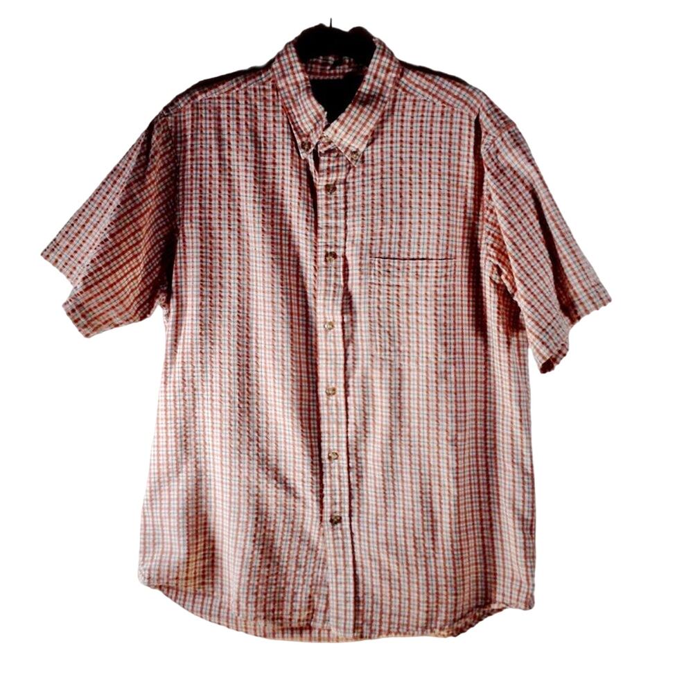 Eddie Bauer Orange Plaid Checkered Button Down Short Sleeve Men Shirt Medium